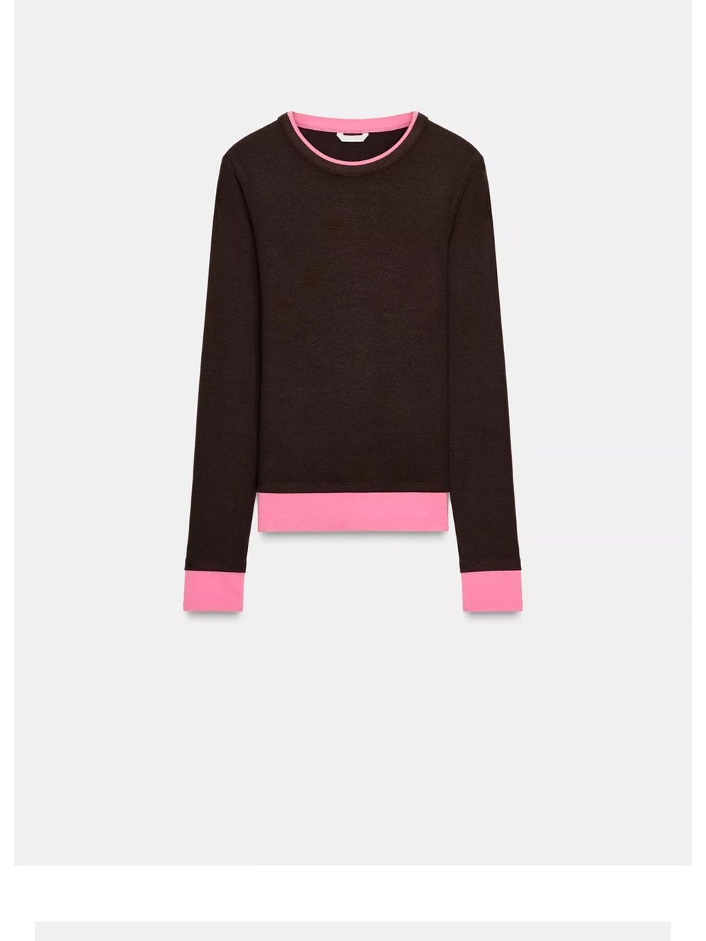 Zara Brow Crewneck Sweater with Pink Contrast Trim